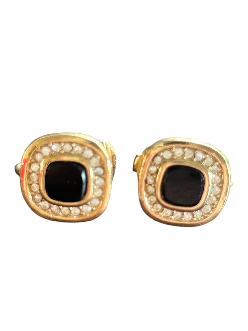 Christian Dior faux onyx rhinestone gold earrings clip on